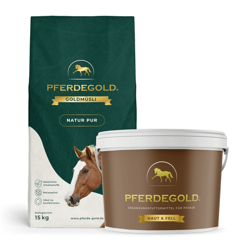 Das Pferdegold Fellwechsel Bundle: Glanzzeit enthält sowohl das getreidefreie pferdefutter als auch das diät-ergänzungsfuttermittel pferd in einer pferdegerechten Verpackung mit Logo - perfekt für die Fell- und Hautpflege Ihres Pferdes.