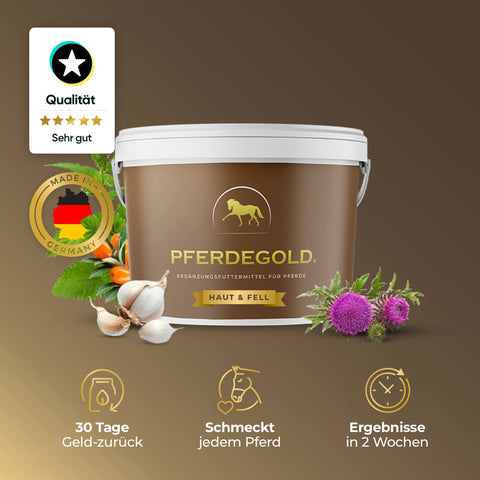 Das Pferdegold Fellwechsel Bundle: Glanzzeitbecher mit Kräutern, Qualitätsplakette, und Piktogrammen für Wohltaten - ideal als getreidefreies Pferdefutter oder Diät-Ergänzungsfuttermittel für Pferde.