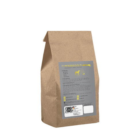 Braune Papiertüte mit grauem und gelbem Etikett, die Pferdegold Hufe, 1500 g, enthält - ein erstklassiges Ergänzungsfuttermittel für Pferdepflegeliebhaber, die eine hochwertige Pflege suchen.