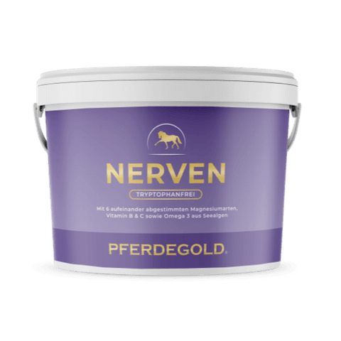 Lila Becher mit der Aufschrift Pferdegold Nerven 2.0, ein Beruhigungsmittel für Pferde Beruhigung, mit weißem Deckel und Griff.