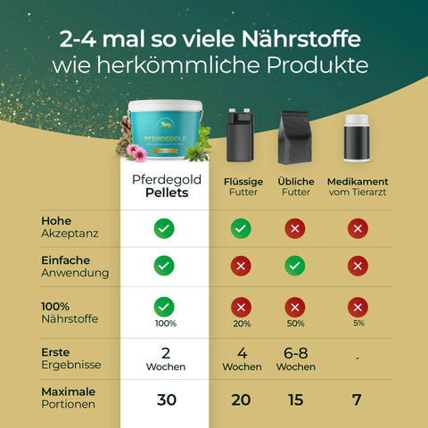 Vergleichstabelle von Pferdegold Atemglück mit anderen Produkten zeigt Vorteile bei Nährstoffen und Anwendung als Horse Respiratory Supplement.