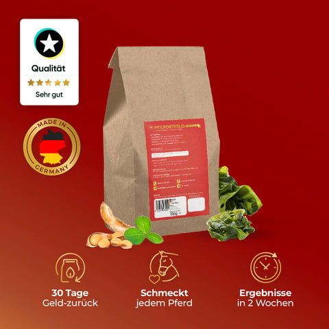 Muskeln Probepackung von Pferdegold: Brauner Beutel mit rotem Etikett, Kräutern, Symbolen und deutscher Qualitätssicherung - perfekt für Muskelaufbau und Ausdauer.