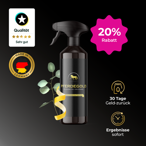 Pferdegold® Insektenschutzspray 20% Flasche mit deutschen Qualitätsetiketten, 20% Rabatt und Werbesymbolen auf schlichtem schwarzen Hintergrund.