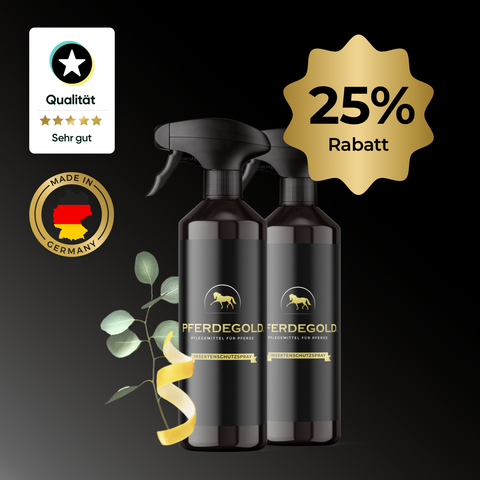 Zwei schwarze Pferdegold® Insektenschutzspray-Flaschen mit goldenen Etiketten, 25% Rabattmarke und "Made in Germany"-Siegel - schützt effektiv vor Zecken und Bremsen mit pflanzenbasiertem Wirkstoff.