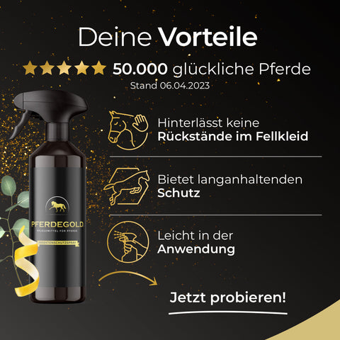 Eine Flasche Pferdegold Insektenschutzspray mit Symbolen und Text, die seine Vorteile als wirksames Insektenschutzmittel für Pferde zeigen, dargestellt auf einem schwarzen Hintergrund.