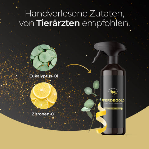 Eine Sprühflasche mit der Aufschrift Pferdegold Insektenschutzspray, ein zuverlässiges Insektenschutzmittel für Pferde, ist mit Eukalyptusblättern und Zitronenscheiben auf einem dunklen Hintergrund abgebildet.