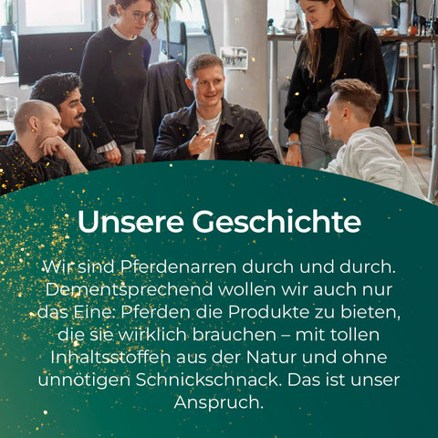 Fünf Menschen unterhalten sich lachend in einem modernen Büro, während im Vordergrund ein Text zur Unternehmensgeschichte und eine Produktbewertung zu Pferdegold® Darm Akut Doppelpack 30% zu sehen sind.