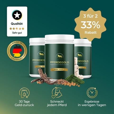 Drei grüne Gläser Pferdegold® Darm Akut 3 für 2 mit deutschem Etikett, Rabattaktion und Qualitätsplakette helfen, die Gesundheit von Dickdarm zu unterstützen und Verdauungsstörungen zu bewältigen.
