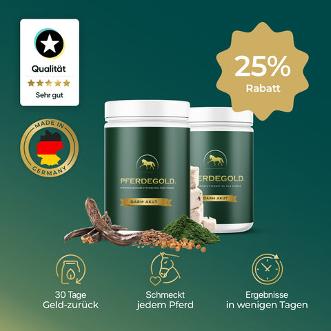 Zwei Pferdegold® Darm Akut Doppelpack 25% Supplement-Container mit Icons, Zutatenbildern und 25%-Rabatt-Label - ideal zur Unterstützung der Verdauung und Dickdarmgesundheit Ihres Pferdes.