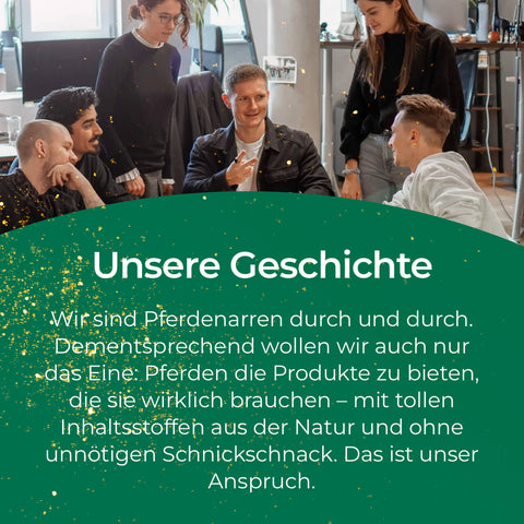 Eine lachende Gruppe junger Menschen sitzt beisammen; unten steht ein Text zur Firmenphilosophie und hochwertigen Pferdeprodukten wie dem Pferdegold Elektrolyte - Papiersack 1,5kg für optimale Elektrolyt-Versorgung.