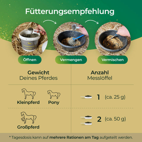 Die Infografik zeigt Pferdegold Elektrolyte - Papiersack 1,5kg Fütterungshinweise mit Bildern zum Öffnen, Mischen und Abmessen von Messlöffeln nach Pferdegröße, um die richtige Elektrolytzufuhr und eine ausgewogene Ernährung sicherzustellen.