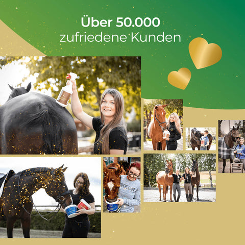 Collage von glücklichen Pferdeliebhabern, Text: Über 50.000 zufriedene Kunden, goldene Herzen, und Fokus auf Pferdegold Elektrolyte - Papiersack 1,5kg für optimale Elektrolyt-Versorgung und bestes Pferdefutter.