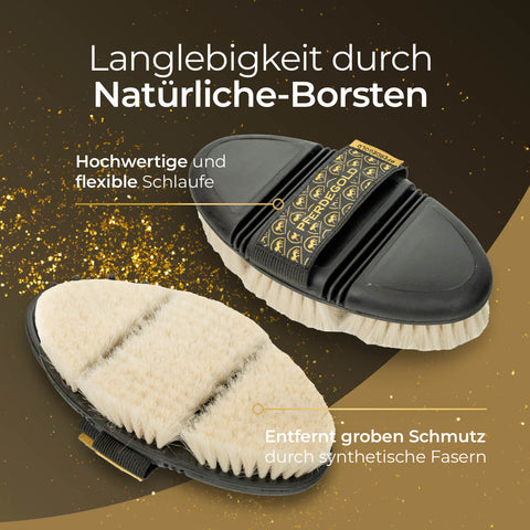 Zwei schwarze Pferdegold Glanzbürsten mit Naturborsten und goldgemusterten Gummibändern ruhen auf einem gold-braunen Hintergrund - ideal, um Staub zu entfernen und Ihre Routine handgelenk-freundlich zu halten.