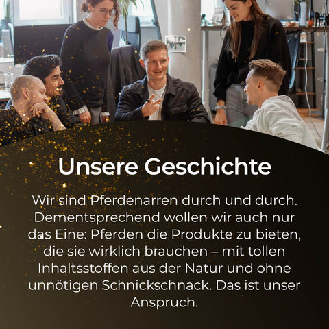 Vier junge Erwachsene unterhalten sich lächelnd an einem Schreibtisch in einem modernen Büro, während eine Pferdegold Glanzbürste auf dem Tisch liegt.