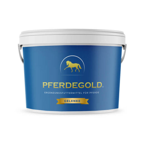 Die blaue Pferdegold Gelenke-Dose mit Pferdelogo ist ein bewährtes Ergänzungsfuttermittel von Pferdegold zur Unterstützung der Pferdegelenke.