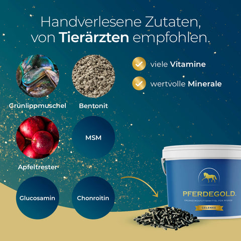 Infografik zu Pferdegold Gelenke - Papiersack 1,5kg: Zutaten wie Grünlippmuschel, Bentonit, Apfeltrester, MSM, Glucosamin und Chondroitin - ideal für die Gelenke Ihres Pferdes.
