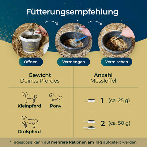 Fütterungshinweise: Öffnen und mischen Sie Pferdegold Gelenke - Papiersack 1,5kg gründlich und passen Sie die Dosierung an die Größe Ihres Pferdes an, um die Gelenke optimal zu unterstützen.