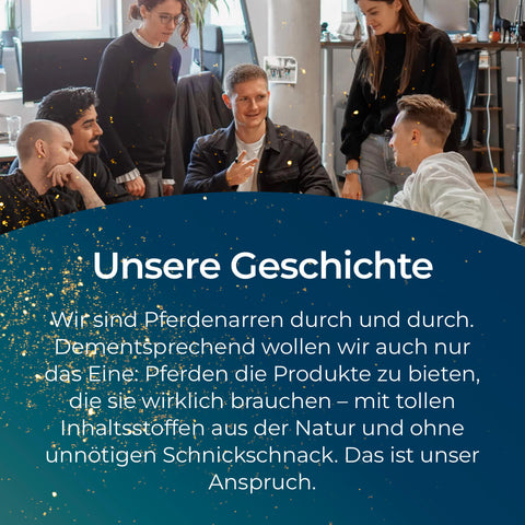 Fünf Personen lachen in einem modernen Büro, während ein Text erklärt, wie das Gelenke (INT) Supplement von Pferdegold zur Unterstützung der Gelenkgesundheit beiträgt.