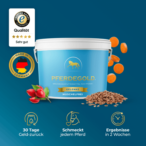 Blaue Wanne von Pferdegold® 3 für 2 - Gelenke Muschelfrei-ideal für empfindliche Pferdemägen. Enthält Karotten, Hagebutten, Samen; unterstützt Gelenke ohne Muscheln. Qualität garantiert.