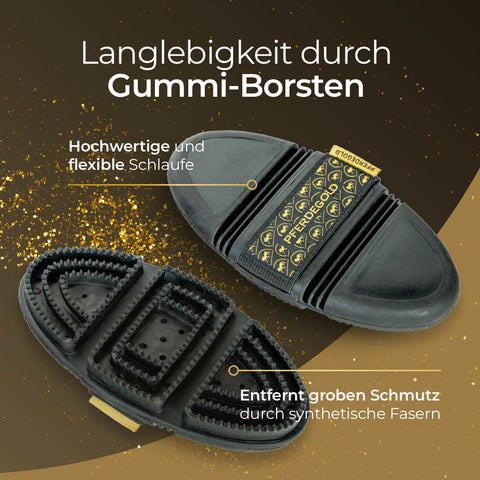 Der Pferdegold Gummi Striegel verfügt über schwarze und goldene Farben, Gummiborsten, synthetische Fasern und eine elastische Handschlaufe. Aus zwei Blickwinkeln dargestellt, ist er handgelenk-freundlich-ideal für Fellwechsel.