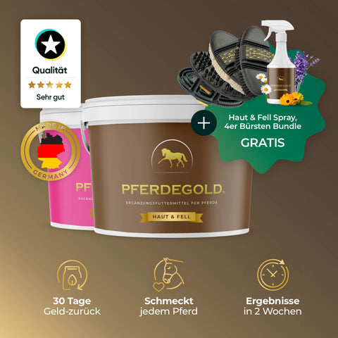Das Pferdegold® Fellwechsel Bundle Deluxe (34% Rabatt) enthält zwei Ergänzungsbecher, ein Bürstenset und eine Sprühflasche mit Symbolen, die die Vorteile von Pferde Fellpflege und Pferdegold Haut & Fell hervorheben.