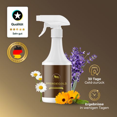 Haut & Fell Spray von Pferdegold: Sprühflasche mit floralem Design, Qualitätsplakette, Made in Germany-Etikett und deutschen Symbolen für "Fellstoffwechsel" und "glänzendes Fell".