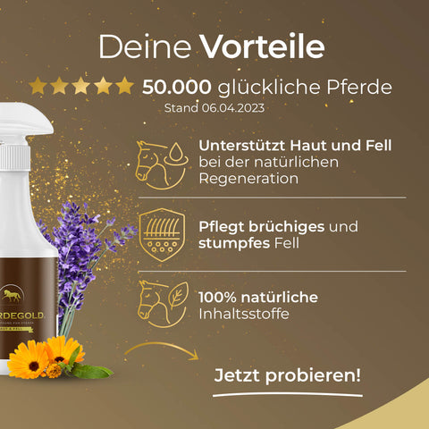 Das Haut & Fell Spray von Pferdegold bietet natürliche Pflege für Fell und Haut, unterstützt den Fellstoffwechsel und sorgt bei 50.000 glücklichen Pferden für ein glänzendes Fell.