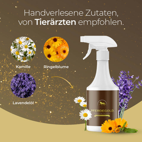 Pferdegold Haut & Fell Spray: Weißes Fläschchen mit Blumenmotiv, enthält Kamille, Ringelblume und Lavendelöl für Fellstoffwechsel und glänzendes Fell. Text auf Deutsch.