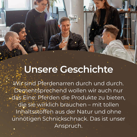 Vier junge Erwachsene lachen gemeinsam in einem modernen Büro, während im Vordergrund Texte zur Firmenphilosophie und Tipps für ein glänzendes Fell mit dem Pferdegold Haut & Fell Spray zu sehen sind.