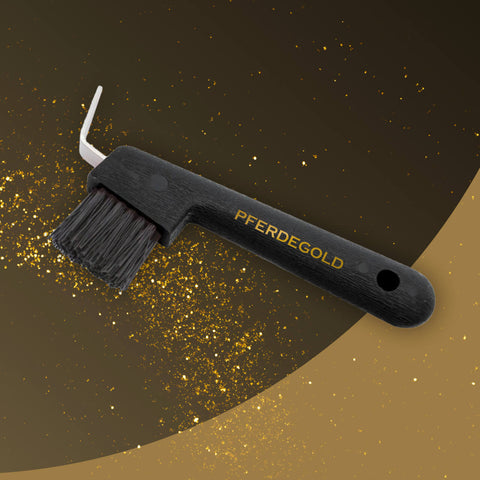 Schwarze Hufauskratzer von Pferdegold mit kräftigem Pinsel, dargestellt auf einem braun-goldenen Glitzerhintergrund.
