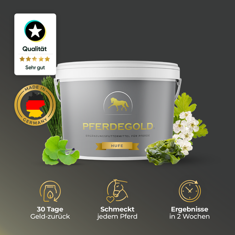 Pferdegold Hufe - Nachfüller 1,5kg ist ein Ergänzungsfuttermittel für Pferde mit Kräutern, Qualitätsabzeichen und Symbolen für Erstattung, Geschmack und Ergebnisse - eine Top-Wahl unter den Pferdeprodukten.