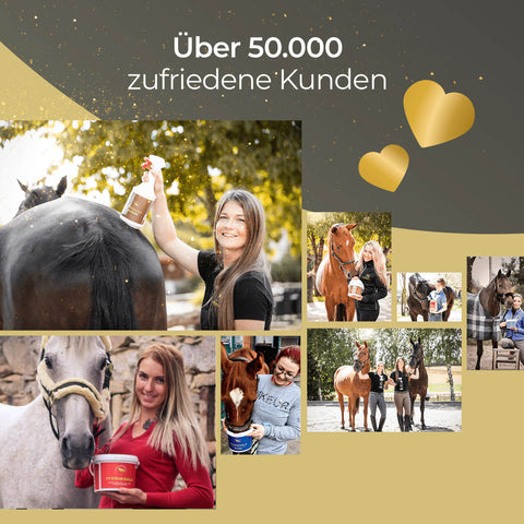 Collage von glücklichen Frauen mit Pferden, auf der Pferdegold Hufe - Nachfüller 1,5kg für gesunde Hufe abgebildet sind und die 50.000 zufriedene Kunden hervorhebt.