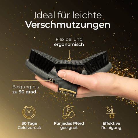 Eine Hand hält die flexible schwarze Pferdebürste "Kardätsche" von Pferdegold mit Synthetik-Borsten, umgeben von deutschen Beschriftungen und Funktions-Icons.