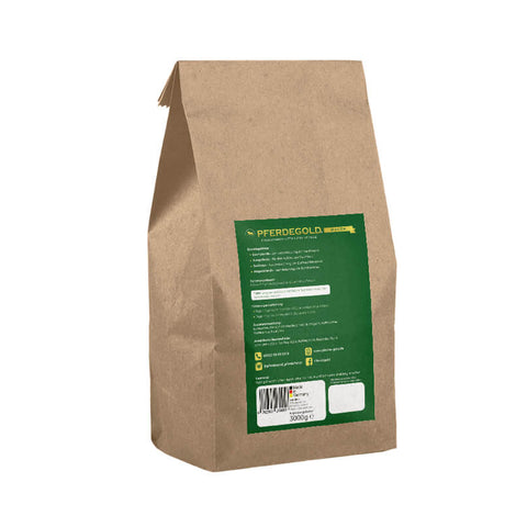 Braune Papiertüte mit grünem Etikett und Barcode auf der Rückseite, schräg dargestellt. Pferdegold® Verdauungsglück - 30% von Pferdegold bietet ein hochwertiges und authentisches Pferdemagen Produkt für alle, die Wert auf eine gesunde Verdauung legen.