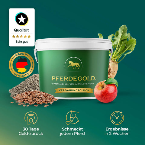 Pferdegold Verdauungsglück Eimer mit Apfel, Rüben und Samen unterstützt die Verdauung des Pferdes; Pferdemagenergänzung mit Qualitätsplakette, Made in Germany Label, Piktogrammen und Text.