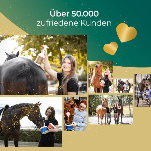 Frauen, die ihre Pferde mit Pflegeprodukten und Pferdegold Verdauungsglück pflegen - ideal für die Verdauung von Pferden. Der Text lautet Über 50.000 zufriedene Kunden mit goldenen Herzen.