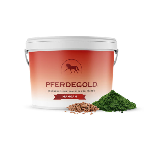 A red tub of Pferdegold Mangan for horses, featuring flaxseed, green powder, and enriched with Spurenelement Manganquelle Protein-Chelat to support optimal equine nutrition.