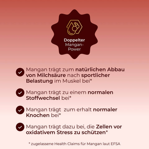Infografik zu Mangan von Pferdegold: Vier gesundheitsbezogene Vorteile des Spurenelements als Manganquelle übersichtlich mit Symbolen dargestellt.