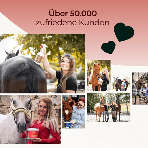 Collage glücklicher Frauen mit Pferden, Text: „Über 50.000 zufriedene Kunden“, zwei Herz-Icons und Hinweis: Pferdegold Mangan – wertvolle Manganquelle für Ihr Pferd.
