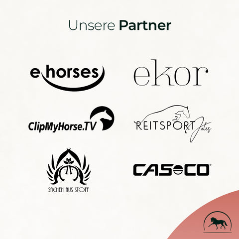 Logos of six partners—ehorses, ekor, ClipMyHorse.TV, REITSPORT Jules, SACHEN AUS STOFF, and CASECO—all support quality and innovation with Pferdegold Mangan as a trusted source of manganese.