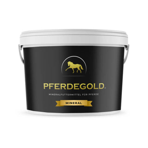 Schwarze Wanne mit Pferdegold Mineral Pferdefutter mit goldenem Pferdelogo und weißem Deckel.