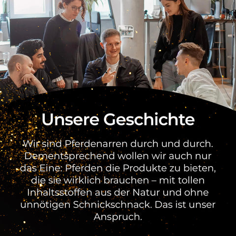 Fünf Personen sitzen in einem modernen Büro um einen Schreibtisch herum und diskutieren über die Werte des Unternehmens, wobei ein Text eingeblendet wird, der die Bedeutung von Qualitätsprodukten wie Pferdegold Mineral hervorhebt.