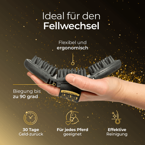 Eine Hand biegt die flexible schwarze Pferdegold Massagestriegel Kardätsche, die mit einer elastischen Handschlaufe und deutschem Text ihr handgelenk-freundliches Design für die Pferdepflege beim Fellwechsel hervorhebt.