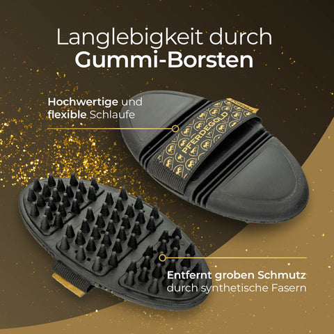 Zwei schwarze Massagestriegel Pflegebürsten von Pferdegold mit Gummiborsten und goldenen Akzenten auf braunem Grund, mit deutschem Text. Mit elastischer Handschlaufe für komfortablen Halt - ideal für den Fellwechsel.