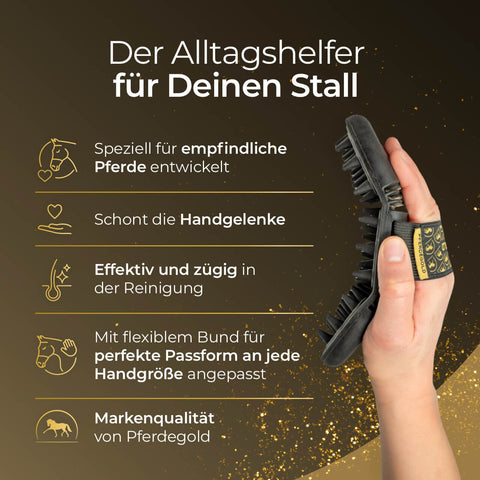 Hand hält Massagestriegel von Pferdegold mit elastischer Handschlaufe; daneben Text zu Vorteilen für empfindliche Pferde, Fellwechsel und handgelenkschonende Anwendung.