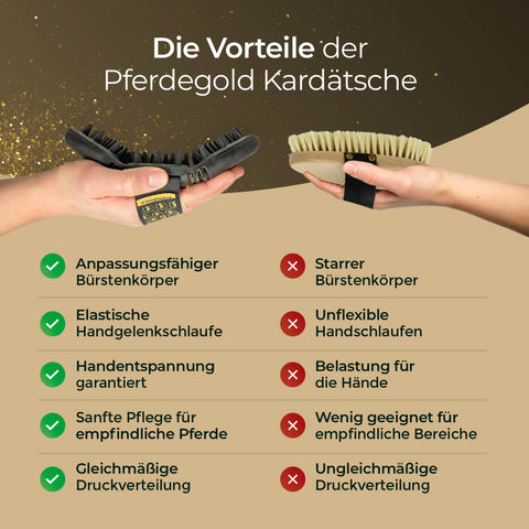 Zwei Hände halten jeweils einen anderen Massagestab von Pferdegold mit elastischer Handschlaufe; eine Checkliste vergleicht ihre Fellwechsel-Merkmale mit Häkchen und Kreuzen.