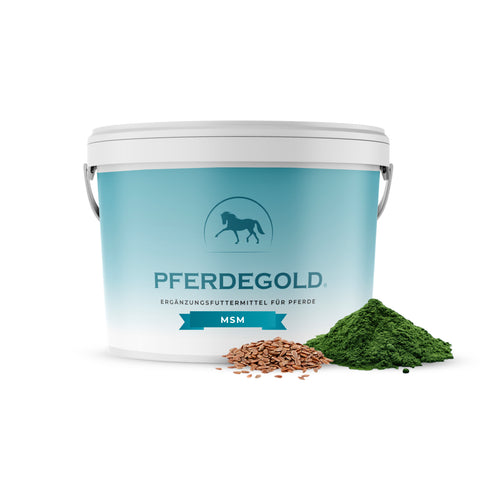 Pferdegold MSM Ergänzungseimer für Sportpferde, mit Leinsamen und grünem Pulver, unterstützt Bindegewebe und Gelenke.
