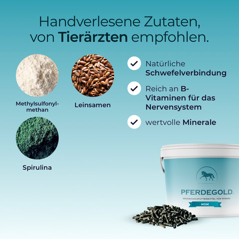 Pferdegold MSM - organische Schwefelquelle für Sportpferde mit Spirulina & Leinsamen. Stärkt Bindegewebe und Gelenke. Inhaltsstoffe auf blauem Hintergrund.