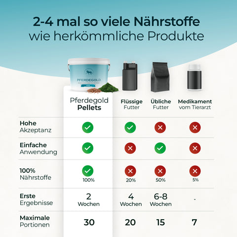 Infografik vergleicht Pferdegold MSM mit flüssigem und üblichem Futter sowie Tierarzt-Medikamenten - inklusive Vorteile wie organische Schwefelquelle für Bindegewebe & Gelenke bei Sportpferden.