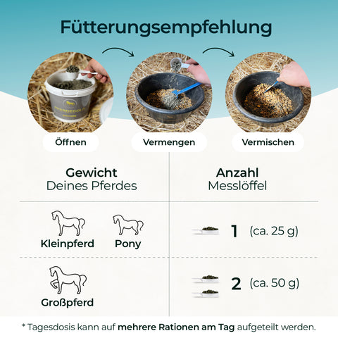 Infografik mit Fütterungsempfehlung, Mengenangaben und Zubereitungstipps für Pferdegold MSM - optimal für Sportpferde zur Unterstützung von Bindegewebe und Gelenken durch organischen Schwefel aus MSM.